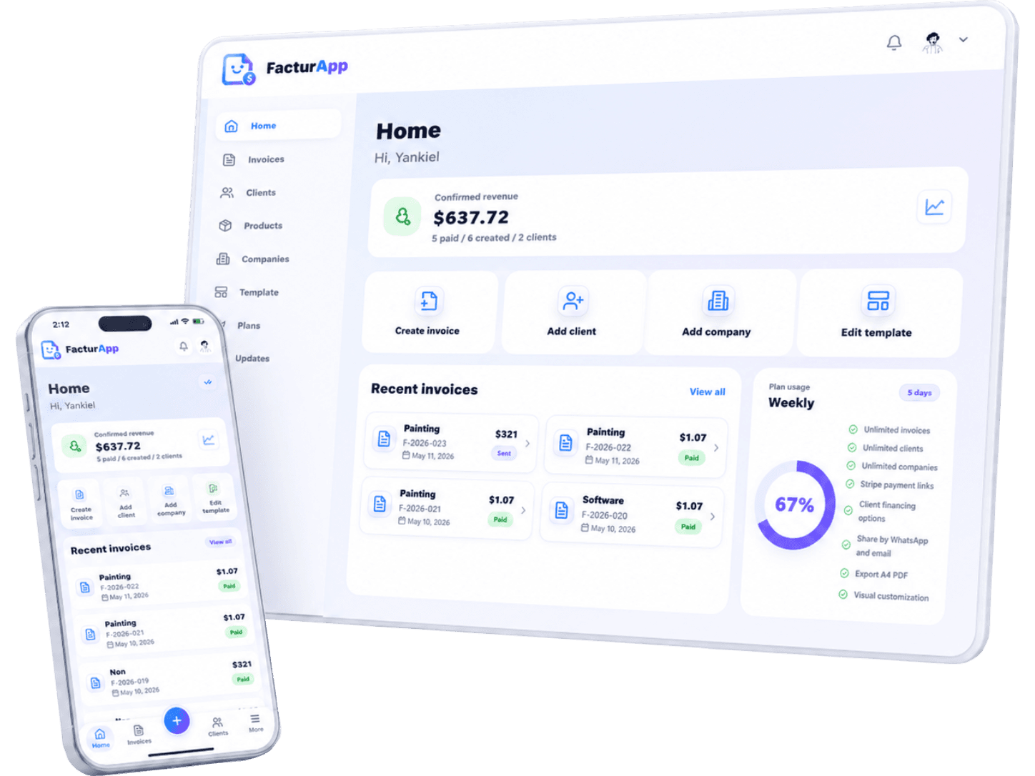 FacturApp app preview showing invoice and mobile payment experience